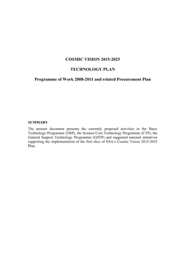 COSMIC VISION 2015-2025 TECHNOLOGY PLAN Programme