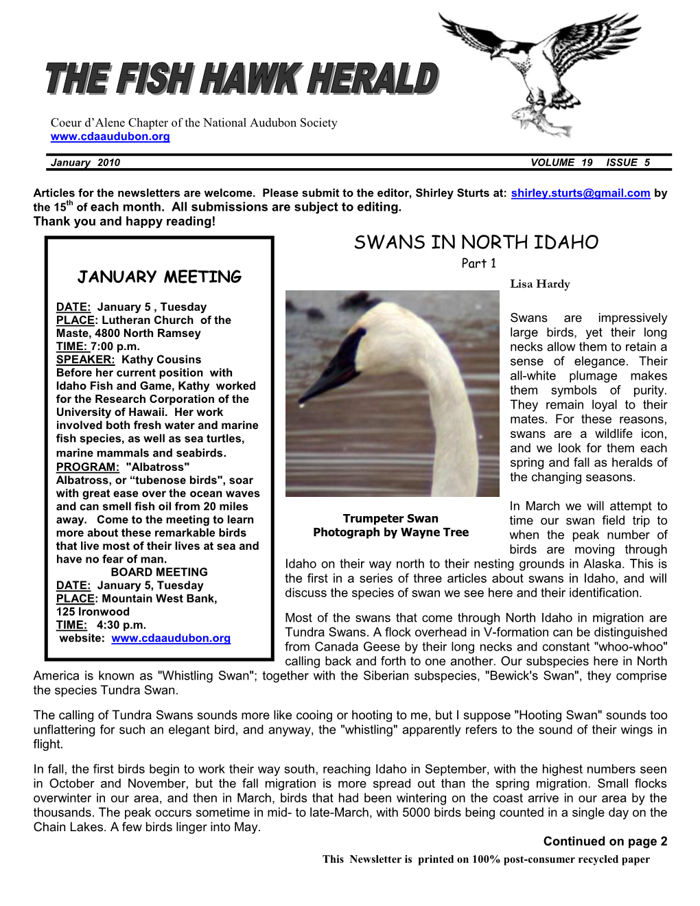 SWANS in NORTH IDAHO Part 1 JANUARY MEETING Lisa Hardy