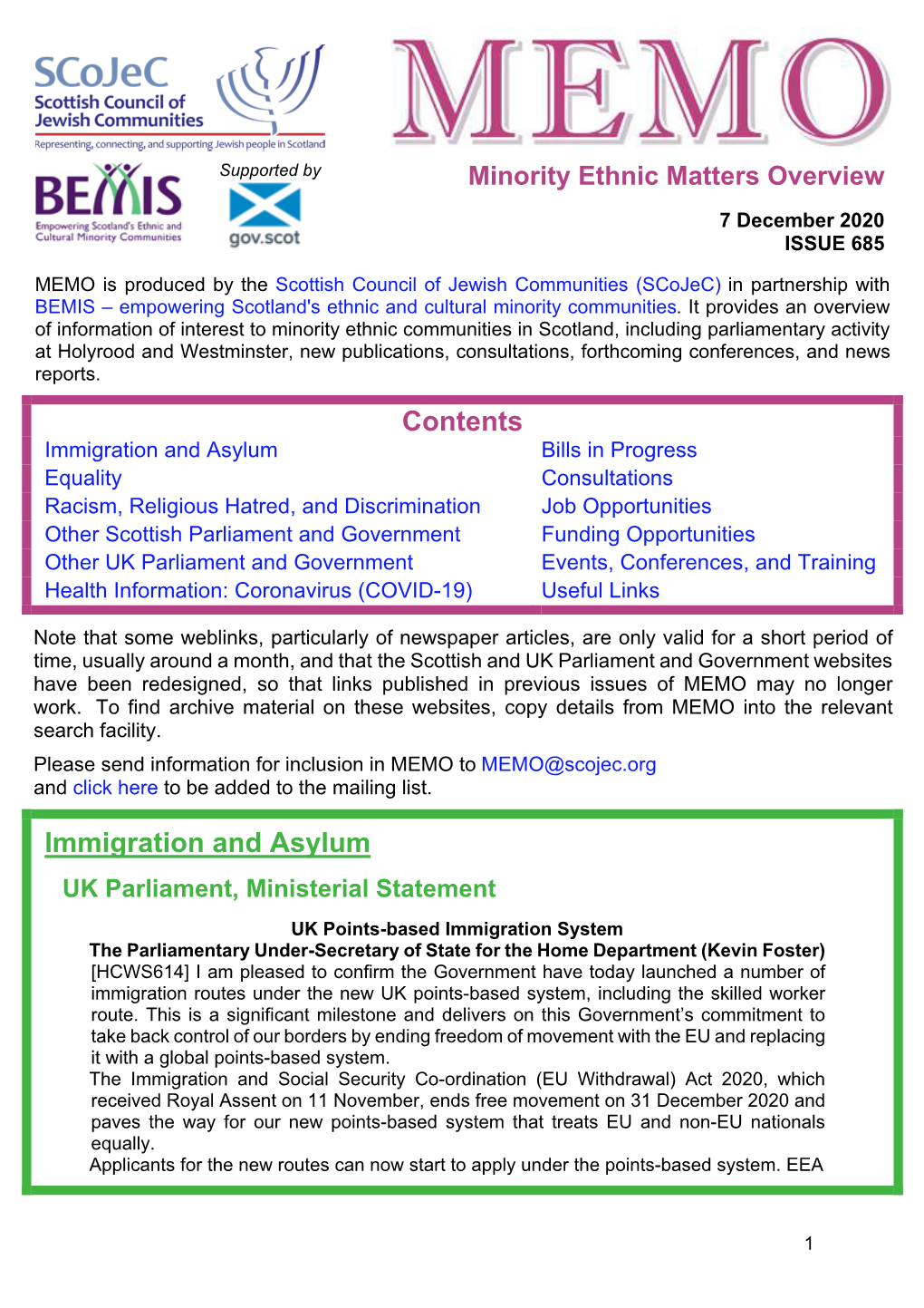 MEMO Is Produced by the Scottish Council of Jewish Communities (Scojec) in Partnership with BEMIS – Empowering Scotland's Ethnic and Cultural Minority Communities