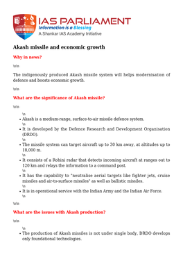 Akash Missile and Economic Growth