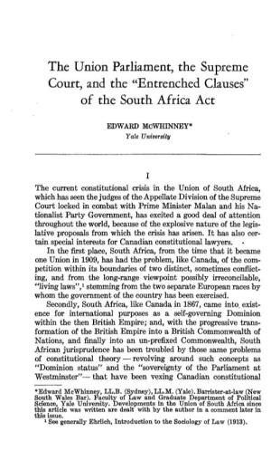 The Union Parliament, the Supreme Court, and the "Entrenched Clauses" of the South Africa Act