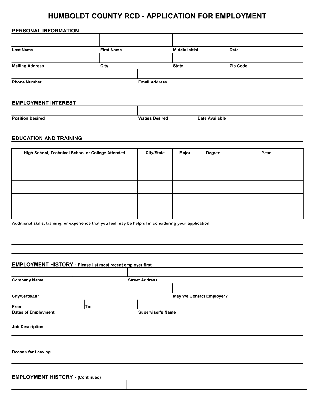 Humboldt County Rcd - Application for Employment