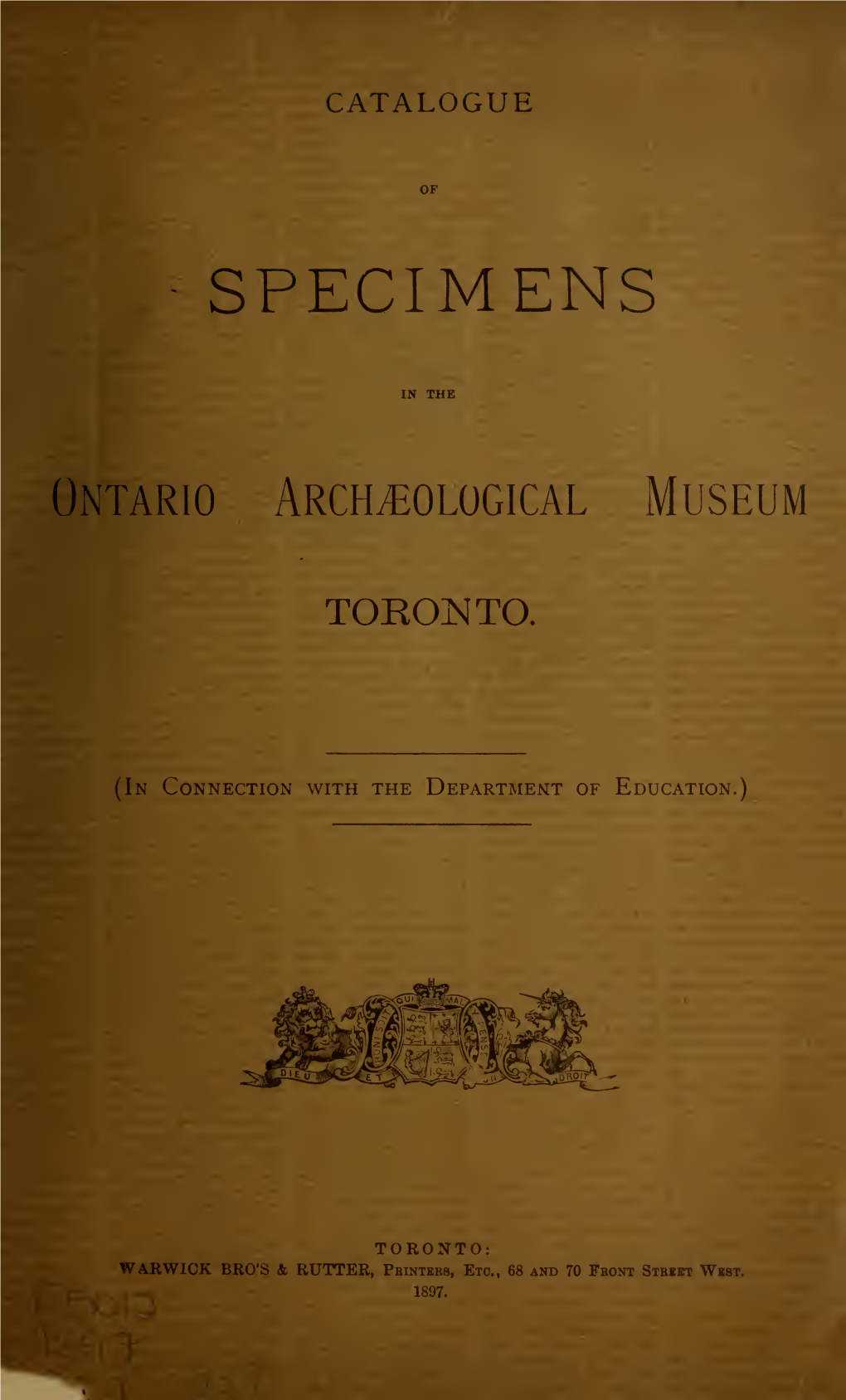 Catalogue of Specimens in the Ontario Archaeological Museum Toronto