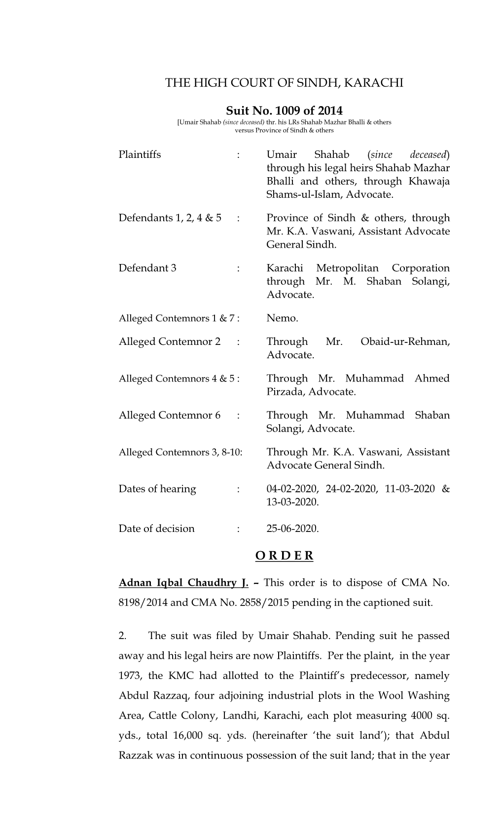 THE HIGH COURT of SINDH, KARACHI Suit No. 1009 of 2014