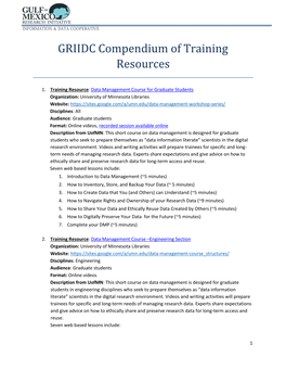 GRIIDC Compendium of Online Data Management Training Resources