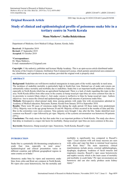 Study of Clinical and Epidemiological Profile of Poisonous Snake Bite in a Tertiary Centre in North Kerala