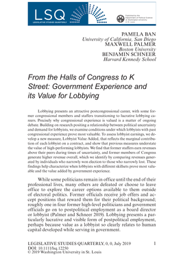 From the Halls of Congress to K Street: Government Experience and Its Value for Lobbying