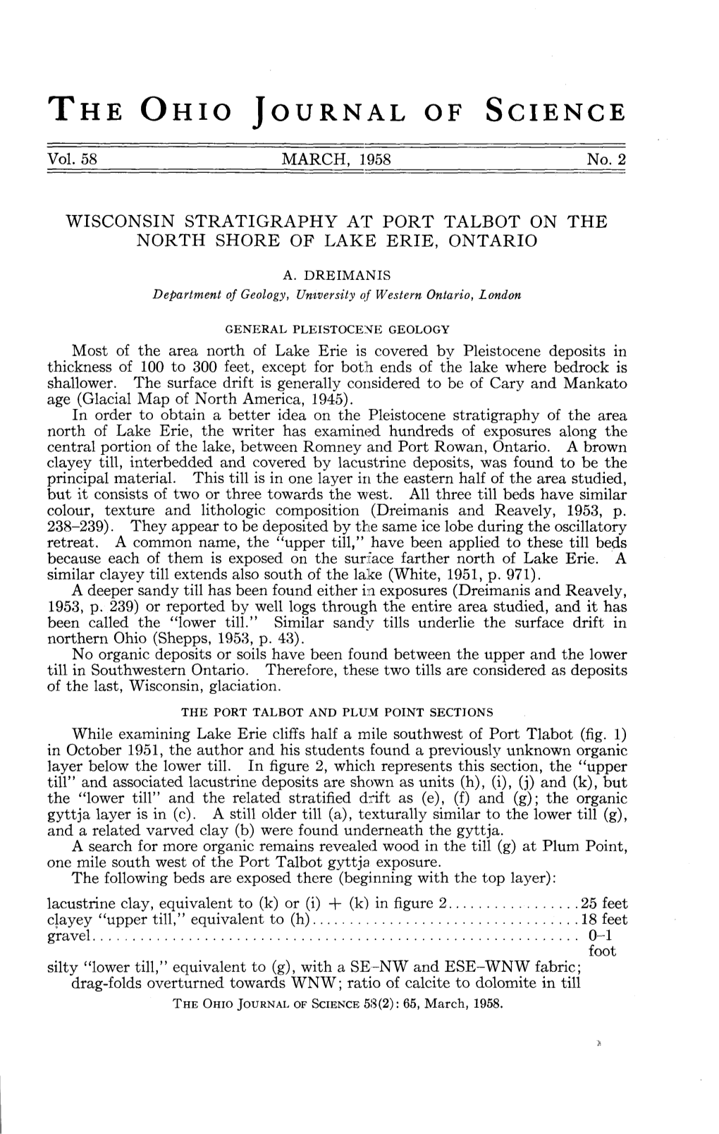 Wisconsin Stratigraphy at Port Talbot on the North Shore of Lake Erie, Ontario