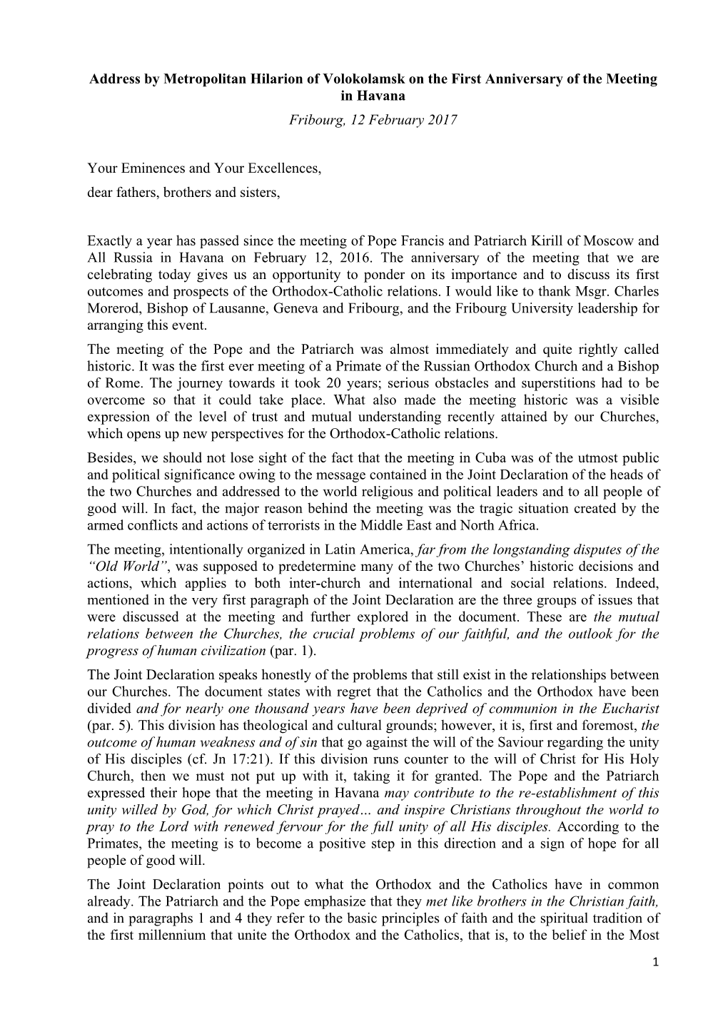 Address by Metropolitan Hilarion of Volokolamsk on the First Anniversary of the Meeting in Havana Fribourg, 12 February 2017