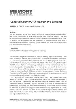 Collective Memory’: a Memoir and Prospect