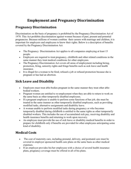 Employment and Pregnancy Discrimination Pregnancy Discrimination