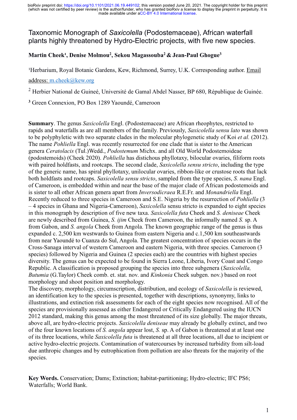 Taxonomic Monograph of Saxicolella (Podostemaceae), African Waterfall Plants Highly Threatened by Hydro-Electric Projects, with Five New Species