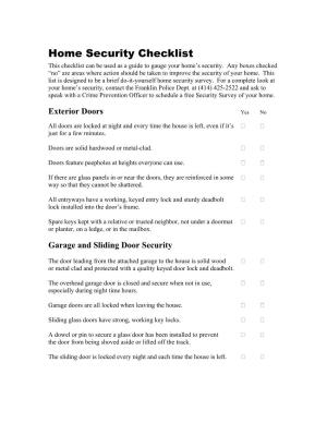 Home Security Checklist This Checklist Can Be Used As a Guide to Gauge Your Home’S Security