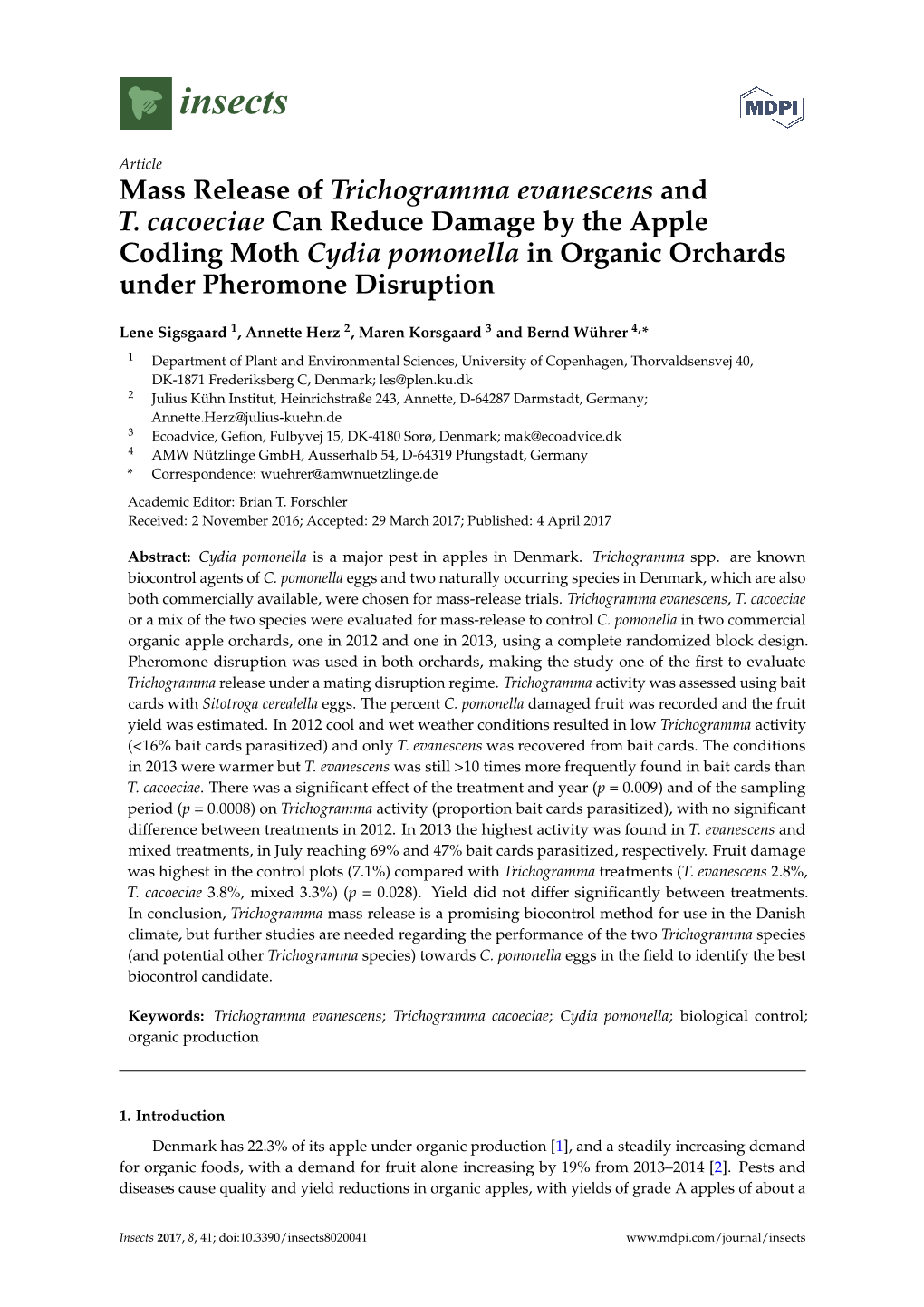 Mass Release of Trichogramma Evanescens and T. Cacoeciae Can Reduce Damage by the Apple Codling Moth Cydia Pomonella in Organic Orchards Under Pheromone Disruption