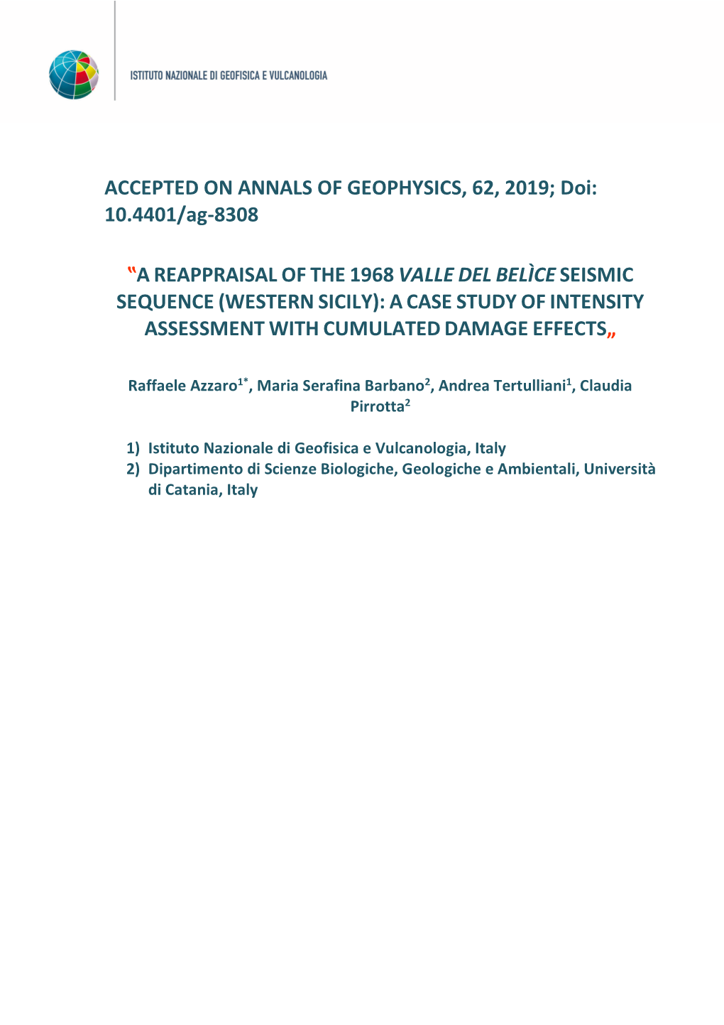 ACCEPTED on ANNALS of GEOPHYSICS, 62, 2019; Doi: 10.4401/Ag-8308 ‟AREAPPRAISAL OFTHE 1968 VALLE DEL BELÌCE SEISMIC SEQUENCE