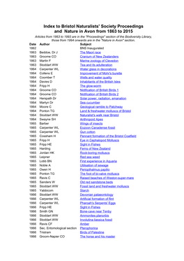 Index to Bristol Naturalists' Society Proceedings
