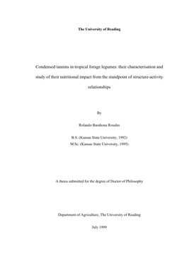 Condensed Tannins in Tropical Forage Legumes: Their Characterisation and Study of Their Nutritional Impact from the Standpoint of Structure-Activity