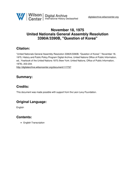 November 18, 1975 United Nationals General Assembly Resolution 3390A/3390B, "Question of Korea"