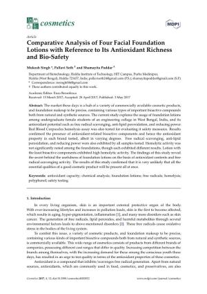 Comparative Analysis of Four Facial Foundation Lotions with Reference to Its Antioxidant Richness and Bio-Safety