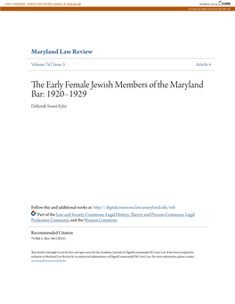 The Early Female Jewish Members of the Maryland Bar: 1920–1929