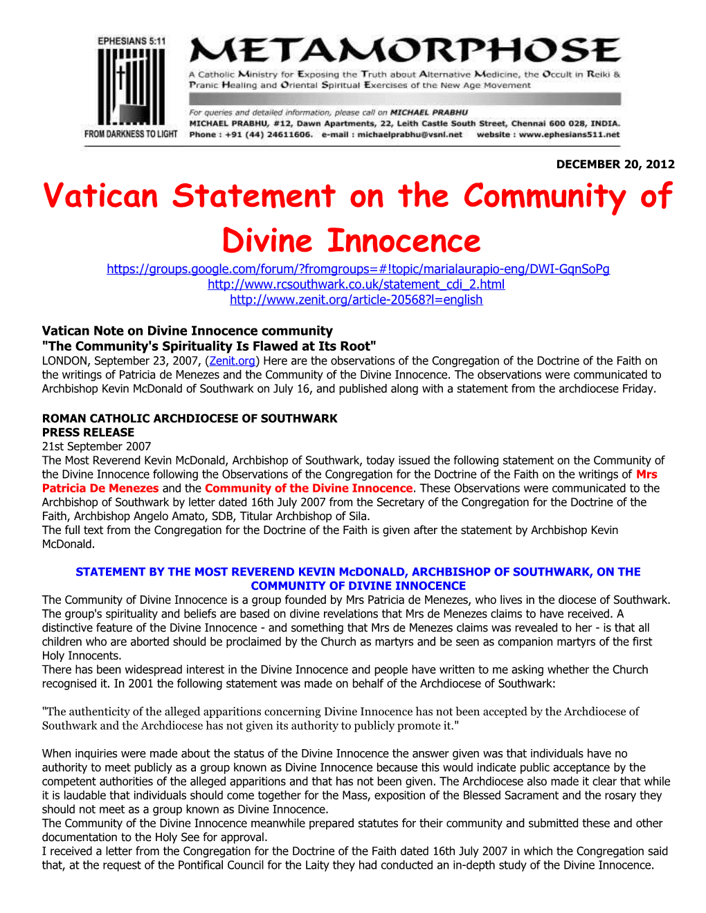 Vatican Note on Divine Innocence Community