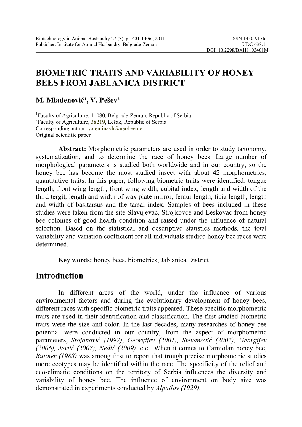 Biometric Traits and Variability of Honey Bees from Jablanica District
