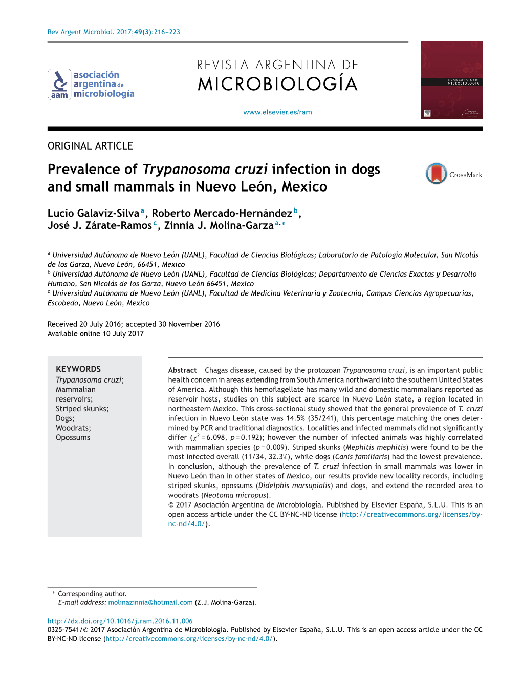 Prevalence of Trypanosoma Cruzi Infection in Dogs and Small