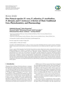Review Article Five Pistacia Species (P. Vera, P. Atlantica, P. Terebinthus, P