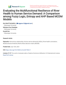 Evaluating the Multifunctional Resilience of River Health to Human Service Demand: a Comparison Among Fuzzy Logic, Entropy and AHP Based MCDM Models