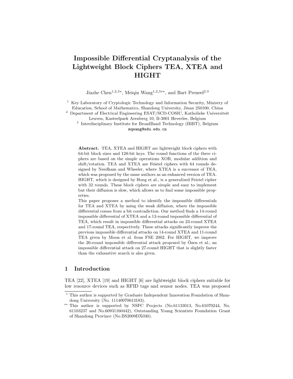 Impossible Differential Cryptanalysis of the Lightweight Block Ciphers TEA, XTEA and HIGHT