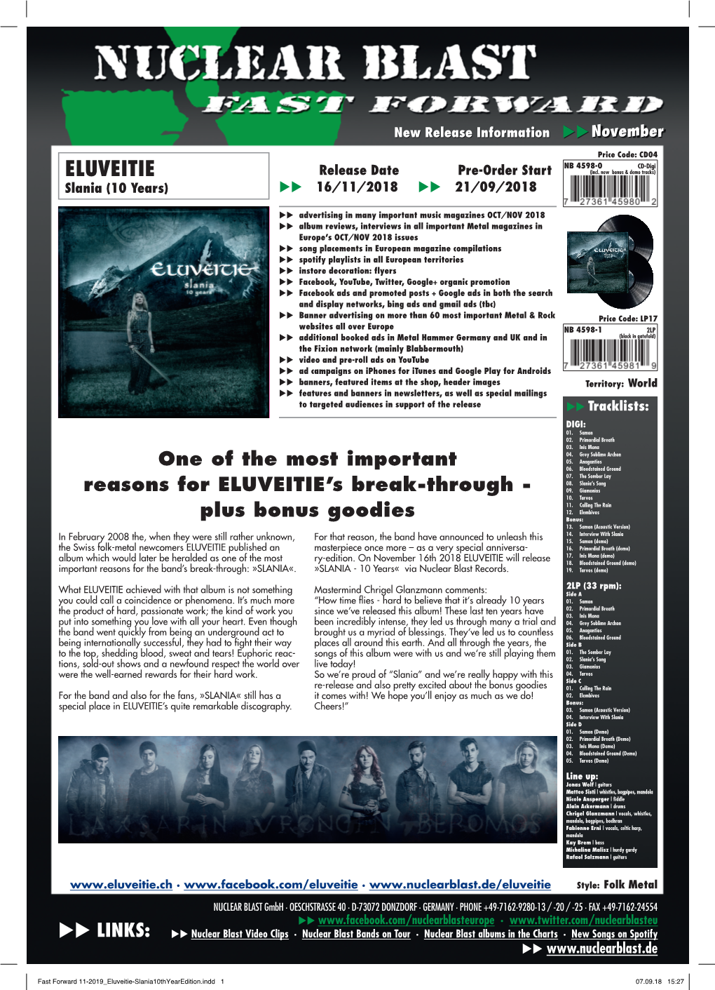 Fast Forward 11-2019 Eluveitie-Slania10thyearedition.Indd 1 07.09.18 15:27 New Release Information  November