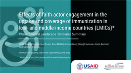 Effects of Faith Actor Engagement in the Uptake and Coverage of Immunization in Low- and Middle-Income Countries (Lmics)* Phase 1 Global Landscape : Evidence Summary