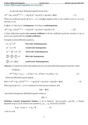 Linear Differential Equations in N Th-Order ;