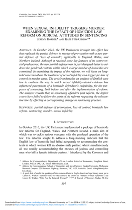 When Sexual Infidelity Triggers Murder: Examining the Impact of Homicide Law Reform on Judicial Attitudes in Sentencing Jeremy Horder* and Kate Fitz-Gibbon**