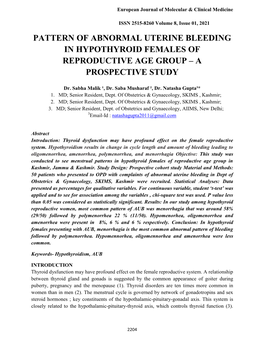 Pattern of Abnormal Uterine Bleeding in Hypothyroid Females of Reproductive Age Group – a Prospective Study