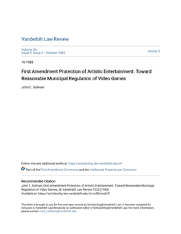 First Amendment Protection of Artistic Entertainment: Toward Reasonable Municipal Regulation of Video Games