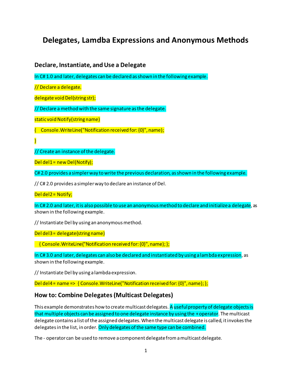 Delegates, Lamdba Expressions and Anonymous Methods