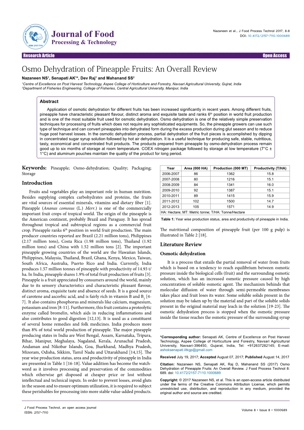 Osmo Dehydration of Pineapple Fruits: an Overall Review