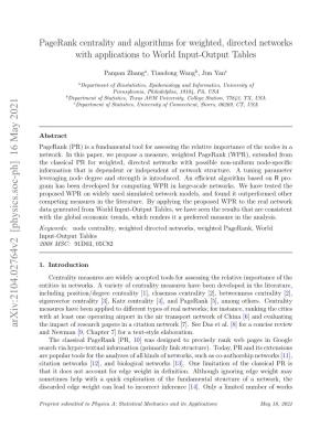 Pagerank Centrality and Algorithms for Weighted, Directed Networks with Applications to World Input-Output Tables