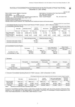 Summary of Consolidated Financial Statements for the First Quarter of Fiscal Year Ending December 31, 2021 (IFRS)