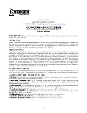 Apomorphine/Apocodeine Elisa Kit Instructions Product #109119 & 109116 Forensic Use Only