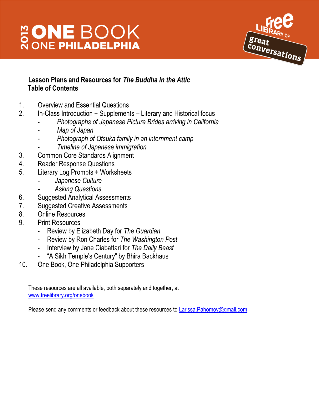Lesson Plans and Resources for the Buddha in the Attic Table of Contents