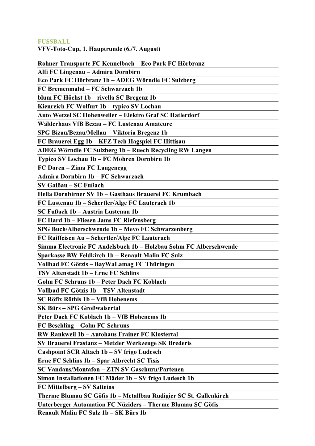 FUSSBALL VFV-Toto-Cup, 1. Hauptrunde (6./7. August) Rohner