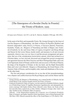[The Emergence of a Secular Duchy in Prussia] the Treaty of Krakow, 1525