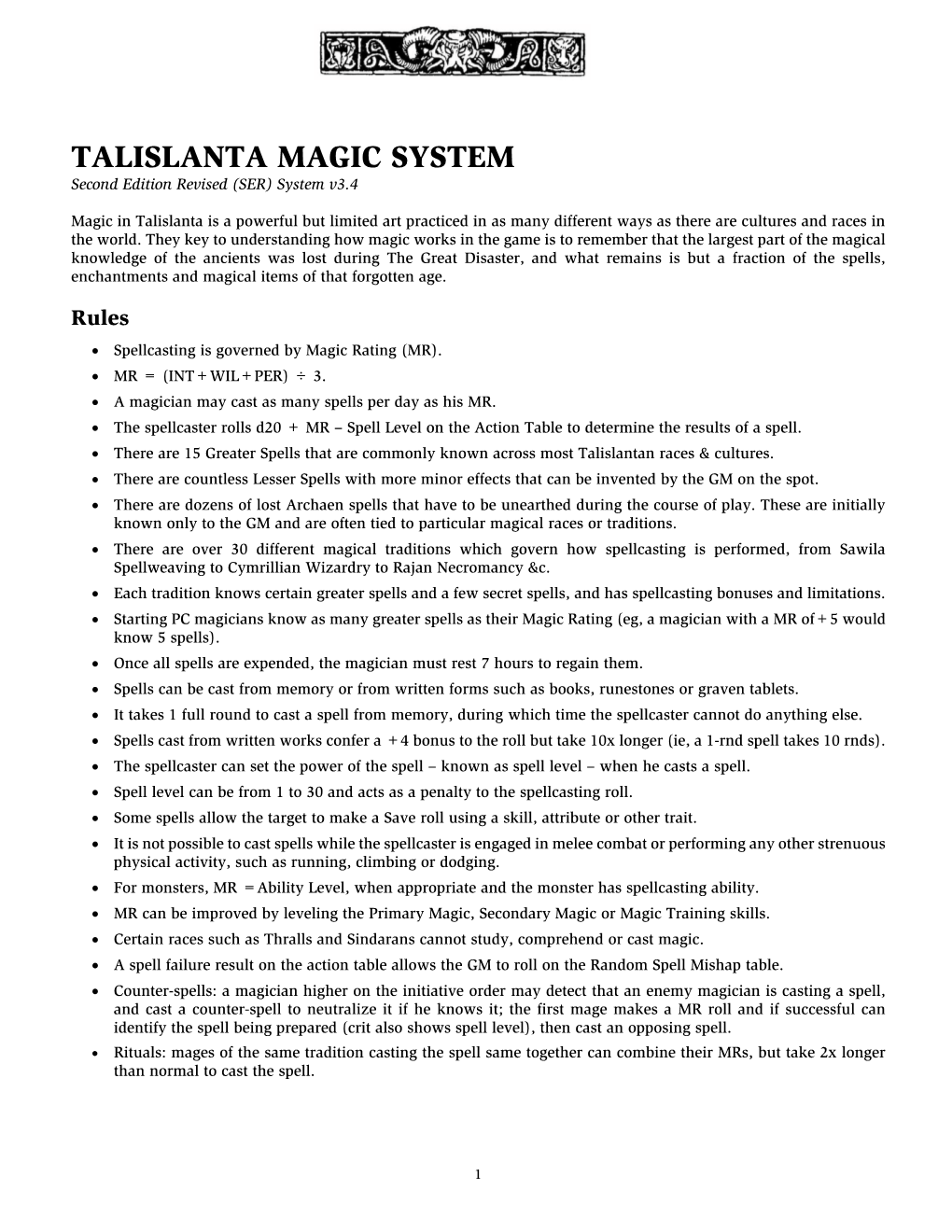 TALISLANTA MAGIC SYSTEM Second Edition Revised (SER) System V3.4