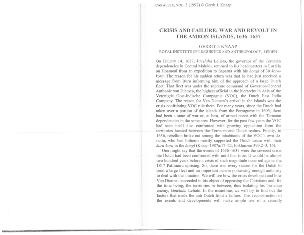 Crisis and Failure: War and Revolt in the Ambon Islands, 1636-1637