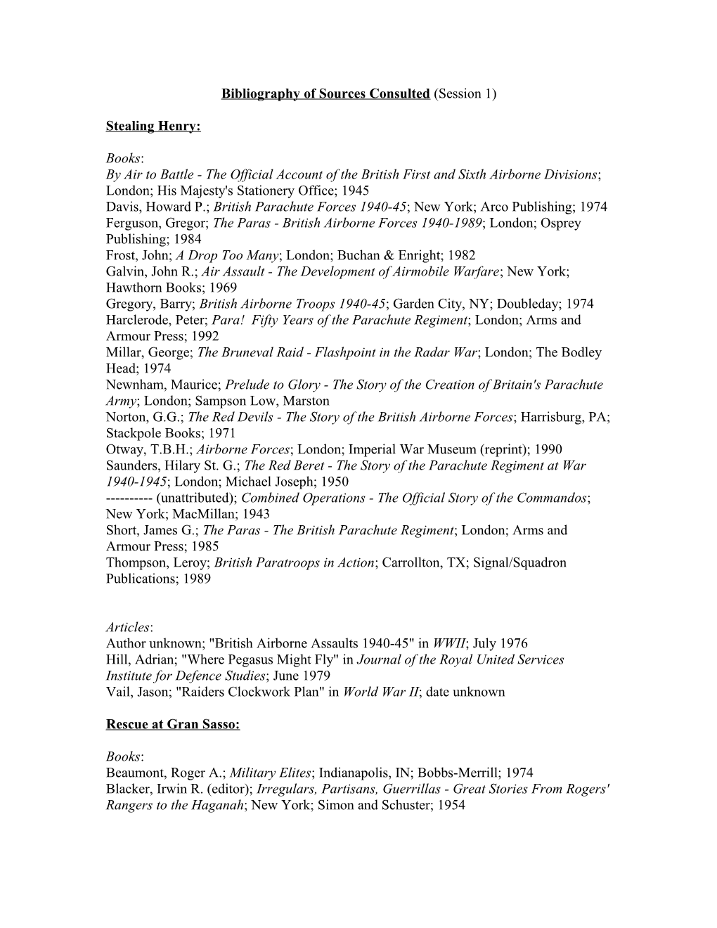 Bibliography of Sources Consulted (Session 1)
