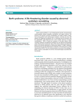 Barth Syndrome: a Life-Threatening Disorder Caused by Abnormal Cardiolipin Remodeling Vaishnavi Raja, Christian A