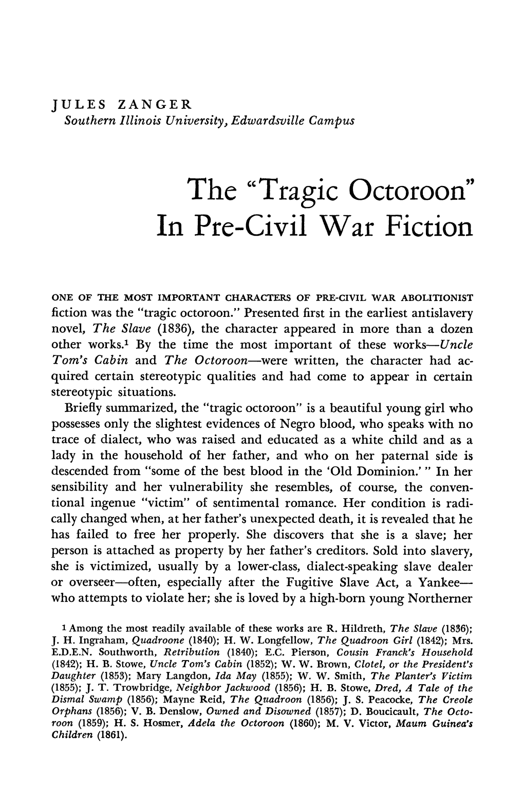 The "Tragic Octoroon" in Pre-Civil War Fiction