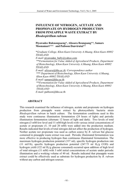 INFLUENCE of NITROGEN, ACETATE and PROPIONATE on HYDROGEN PRODUCTION from PINEAPPLE WASTE EXTRACT by Rhodospirillum Rubrum